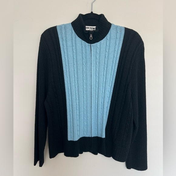 Vintage San Remo by Laura Knits Zip Sweater Black & Blue USA Size XL - Picture 1 of 4